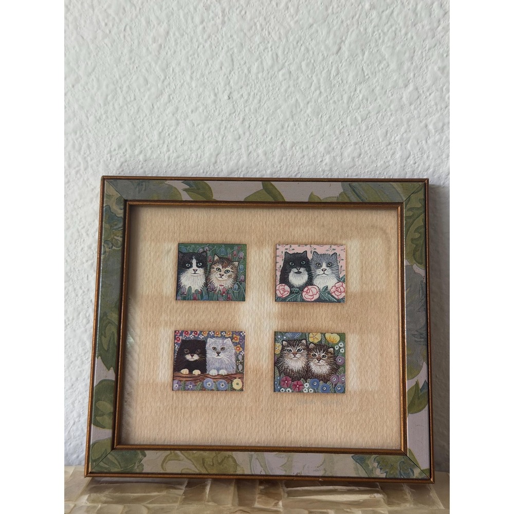 Funky Vintage Framed Cat Art Ready to Hang